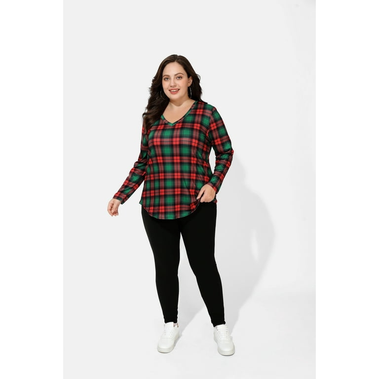 TIYOMI Plus Size Tunics For Women 2X Christmas Plaid T Shirt Casual Long Sleeve V Neck Red Green Tops Pattern Casual Blouses Fall Winter Pullover 2XL 18W 20W Walmart