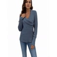 thumbnail image 3 of Women's Ruched V-Neck Wrap Sweater, Criss Cross Long Sleeve Knit Pullover Top with Button for Fall Blue XL, 3 of 5