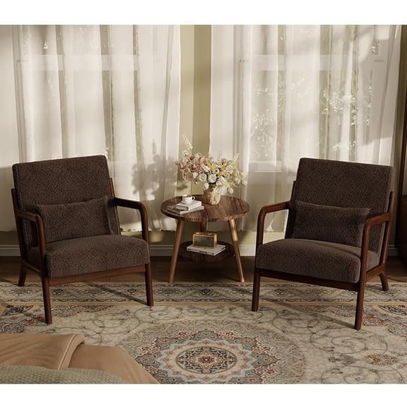 Set of 2 Mid-Century Sherpa Accent Chairs, Upholstered Lounge Armchairs with Lumbar Pillows, Modern Reading Chairs with Engineered Wood Frame for Living Room, Bedroom, Office,Brown
