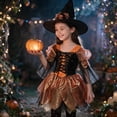 thumbnail image 3 of Virmaxy Halloween Costume Witch Dress V Neck Lace Up Corset Sheer Bell Sleeve Layered Tulle Skirt with Hat for Cosplay Party 2-13 Years, Orange, 3 of 5