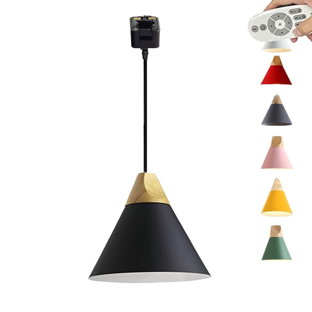 FSLiving Remote Control Pendant Light 1-Light J-Type Track Pendant Lamps Scandinavian Style Pendant Lights for Kitchen Hanging Lamp Modern Wood and Aluminium Light Customizable - Black