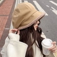 thumbnail image 2 of Spring Autumn Winter New Outdoor Warm Plus Lamb Hair Wide Brim Windproof Thick Berets Hats Suede Bucket Hat Leisure Visor Cap Painter Hat BROWN, 2 of 8