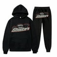 thumbnail image 1 of Pantalones de manga larga de felpa para mujer, jersey holgado con estampado de letras y sudadera con capucha de cuerda, de dos piezas, 1 of 2