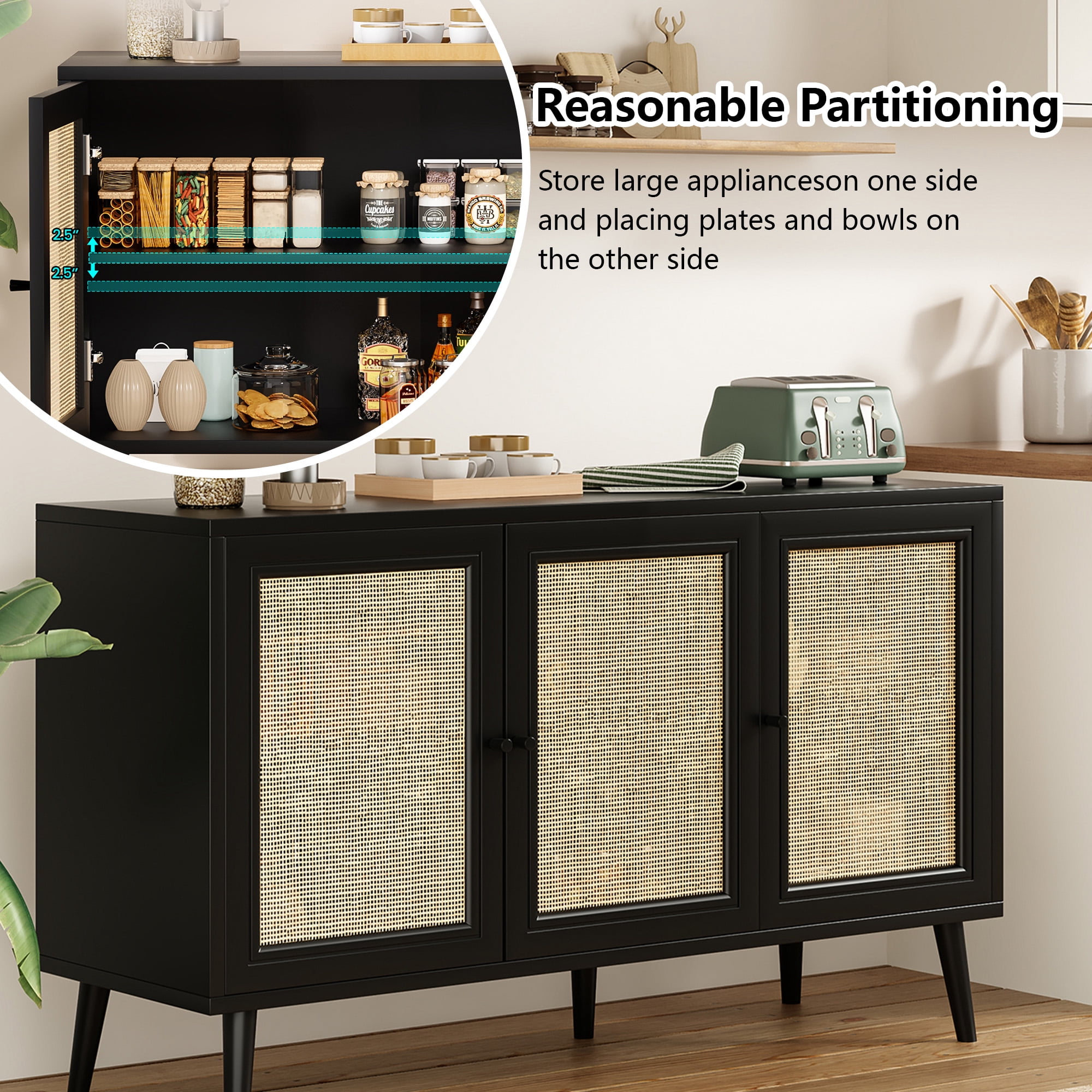 MAYEERTY Black 47*15*28"Rattan-Fronted Sideboard Cabinet with 3 Doors for Dining Room & Entryway Storage