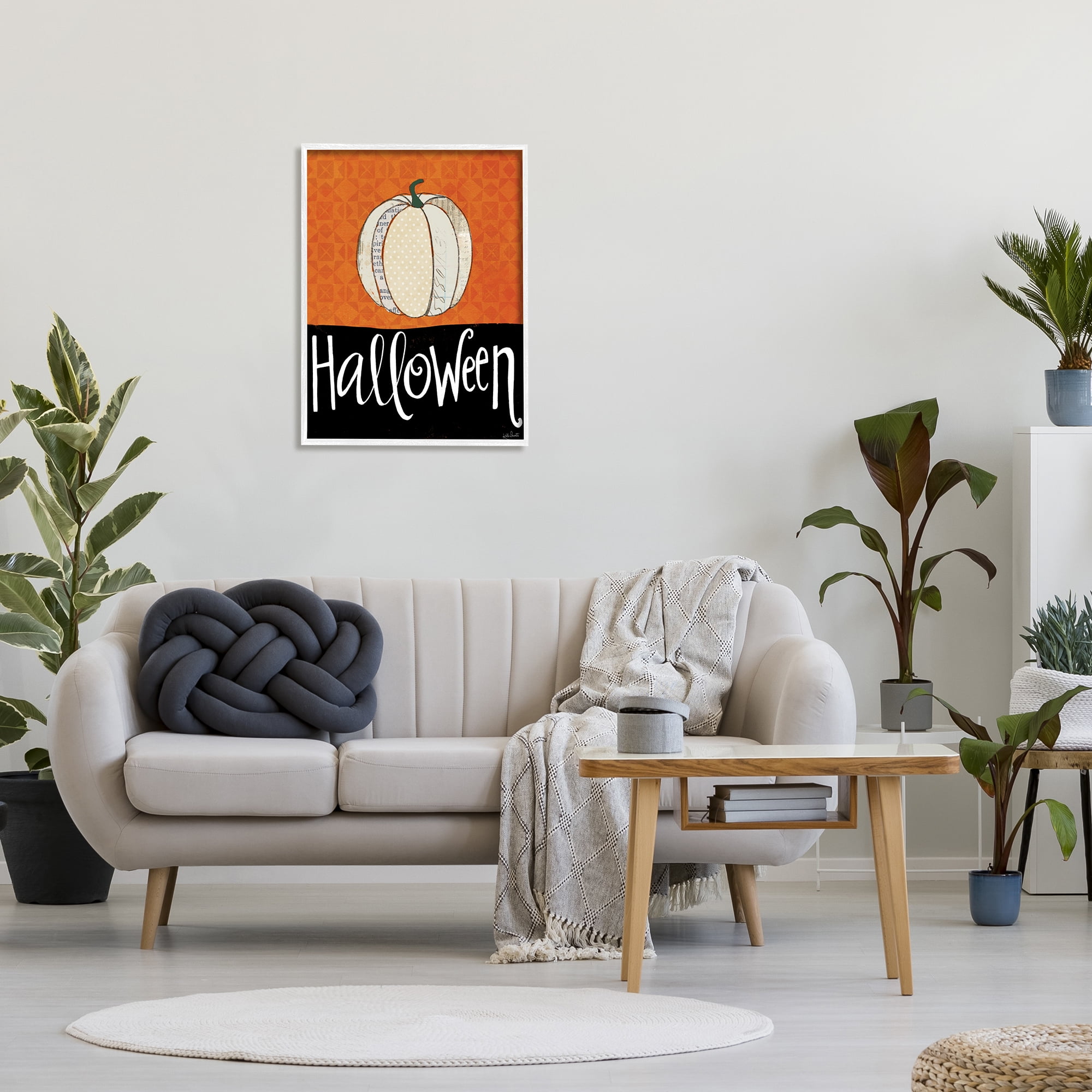 Stupell Industries Halloween Festive Holiday Greeting Patterned Pumpkin Gourd Country Painting White Framed Art Print Wall Art, 24 x 30, Design by Katie Doucette