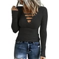 thumbnail image 3 of Women Casual Long Sleeve Tunic Tops V-Neck T Shirts Criss Cross Ribbed Casual Tee Slim Fitted Fall Blouse, 3 of 5
