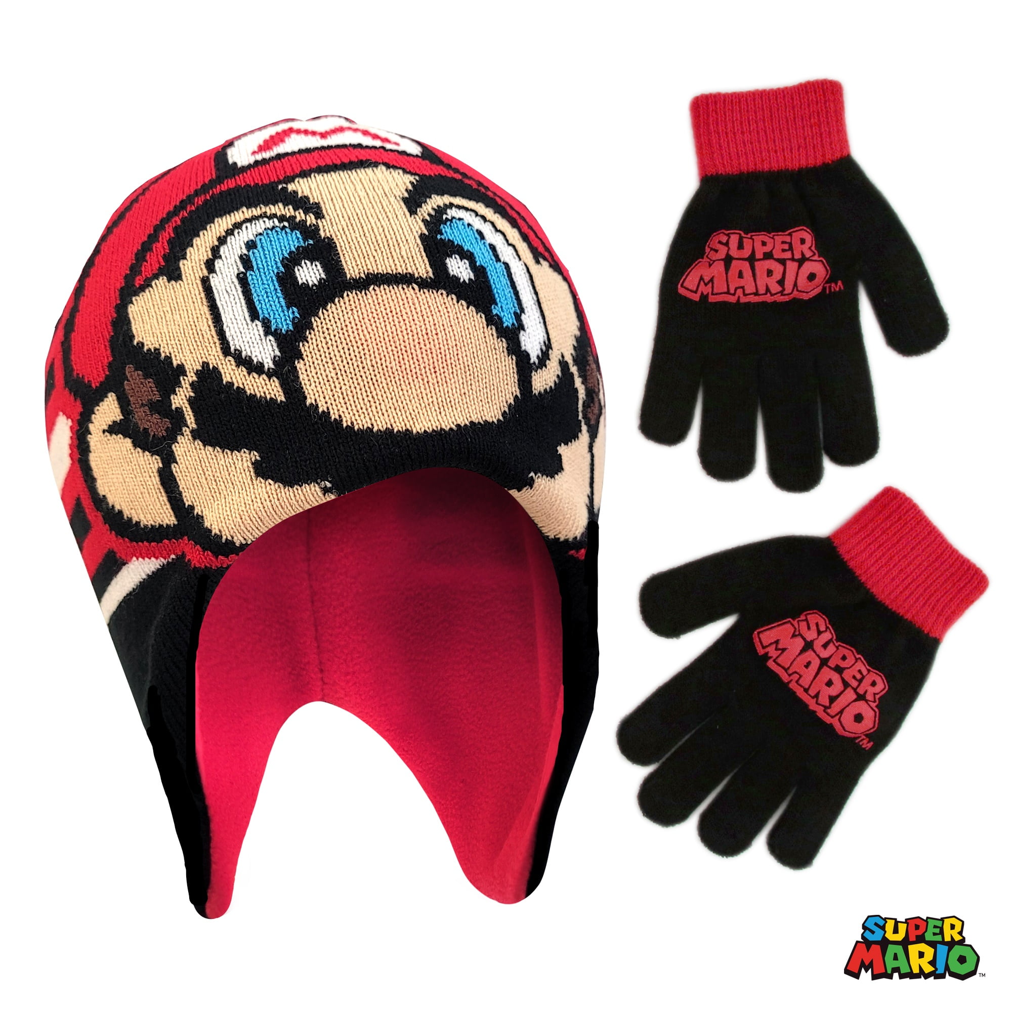 SUPER MARIO BROS MARIOKART Boys Knit Winter Pom Beanie Hat & Gloves Set NWT $25 