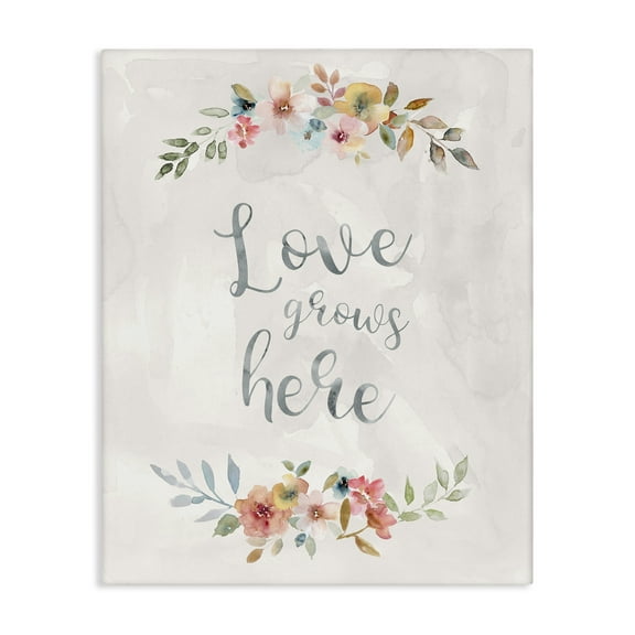 Stupell Industries Floral Love Grows Here Plants & Flowers Painting Wrapped Canvas Art Print Wall Art, 16 x 20