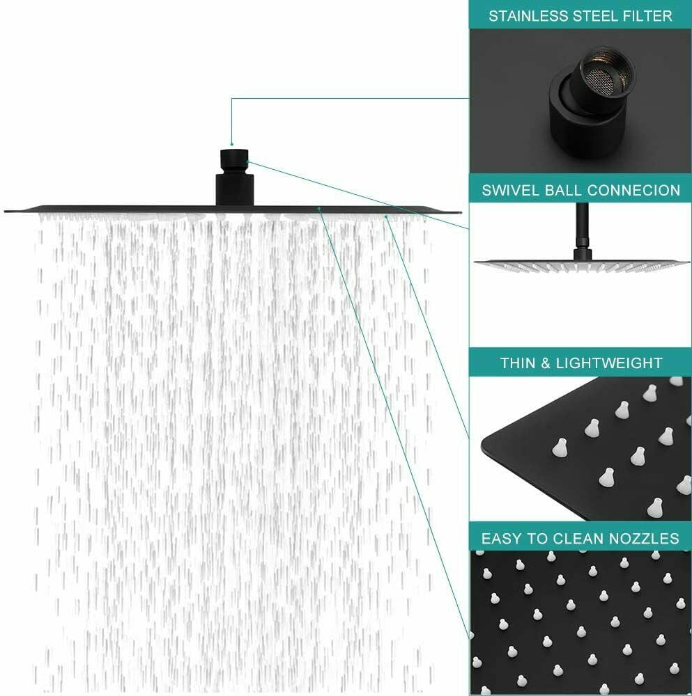 Black 12" Rain Shower Head Ultra thin Square Rainfall Sprayer Ceiling/Wall Mount