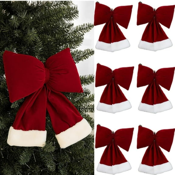 Dalrosia 6PCS Christmas Wine Red Bow Velvet Christmas Swag Bow Xmas Tree Hanging Decorations Christmas Bows Ornaments for Home Outdoor Indoor Party Fence Fireplace Stairs