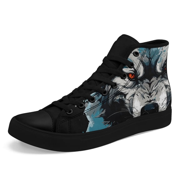 Coolcustomize Men's Wolf Face High-top Sneakers, Casual Shoes with Wolf Print (Blue/White/Black) - Lace-Up Boots for Outdoor, Casual & Gym - All-Season Wear - Comfortable Round-Toe Design