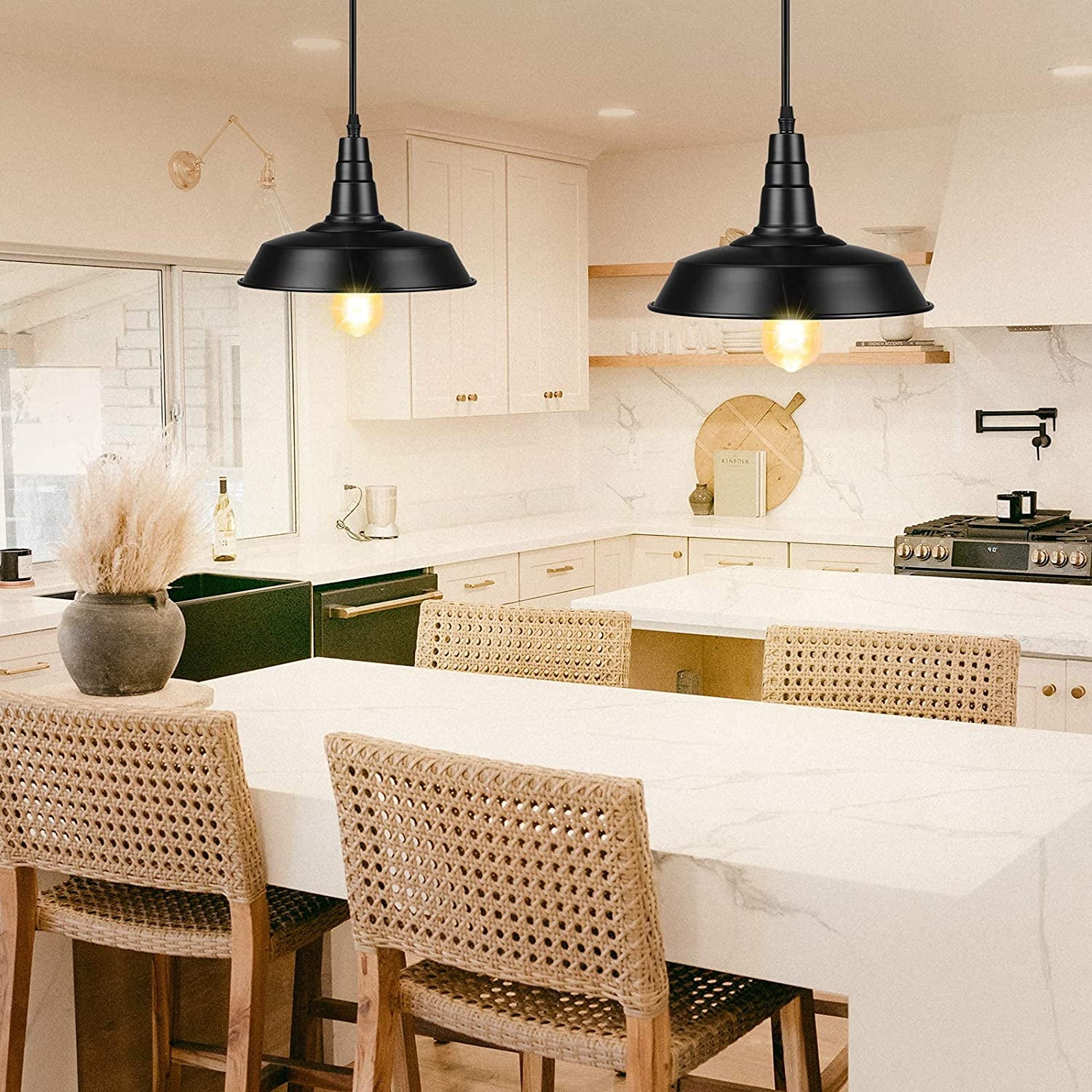 DEWENWILS Black Metal Shade Pendant Lighting Plug in for Kitchen Island, Vintage Hanging Light with 15ft Cord, 2 Pack