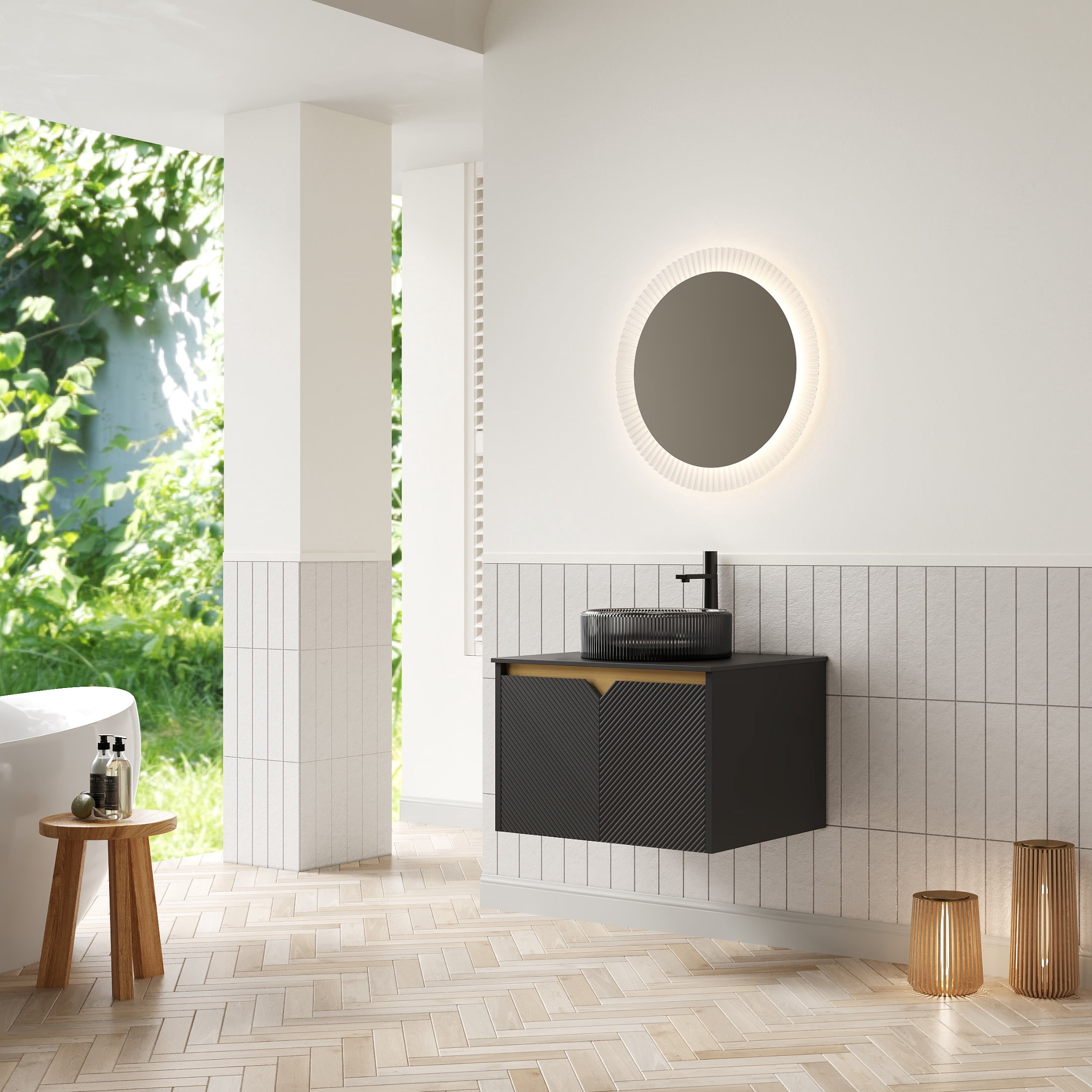 Noble House RUBEN 24" Floating Bathroom Vanity, Sintered Stone Top Cabinet with Black Round Glass Vessel Sink, Black