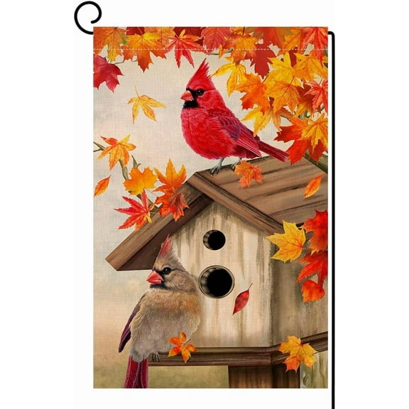 Fall Cardinal Garden Flag 12x18 ''Vertical Maple Leaf Welcome Fall Thanksgiving Holiday Outdoor Decorative Yard Flag
