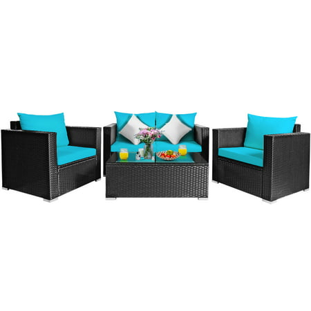 Gymax 4pc Rattan Patio Furniture Set, Turquoise Outdoor Furniture Cushions