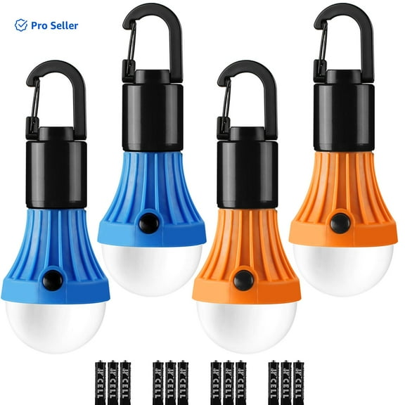 Lepro 4-Pack LED Camping Lanterns, Camping Accessories, 3 Lighting Modes, Batteries Included Hanging Tent Light Bulbs with Clip Hook for Camping, Hiking, Hurricane, Outages, Collapsible