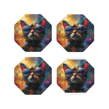 

Leather Coasters with Heat-resistant for Drinks Cool Cat With Sunglasses -标题2 Octagon