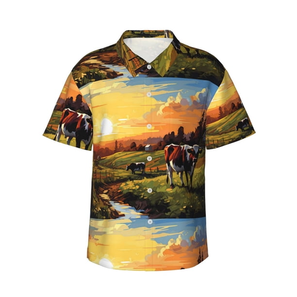 Balery Oil Painting Style Pasture Cow Camisas hawaianas de manga corta para hombre, camisas playeras de corte holgado, camisas de vacaciones con botones,XX-Large