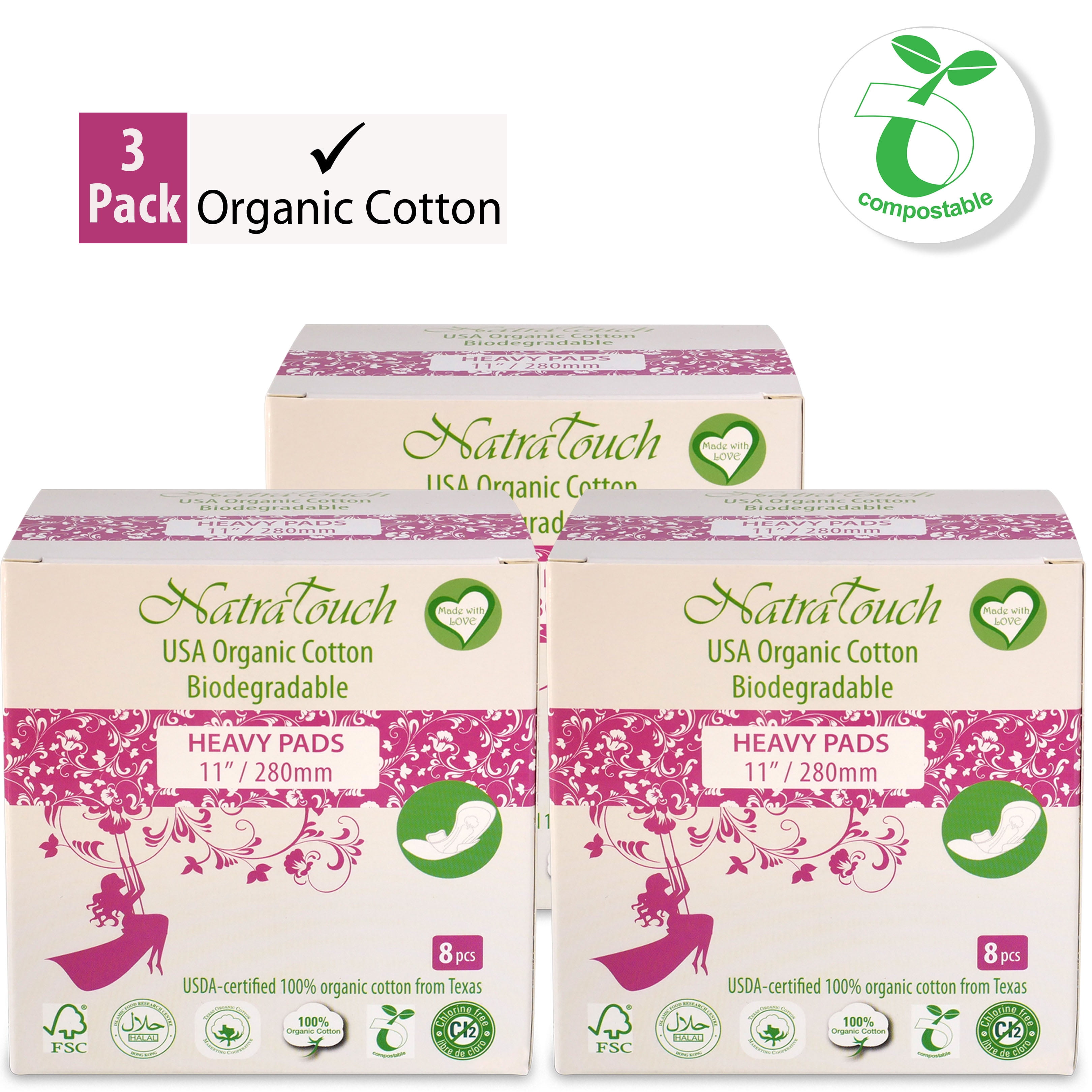 NATRATOUCH ~ COMPOSTABLE ~ Certified Organic Cotton Heavy Flow Pads (3 Pack Total 24 Pads)
