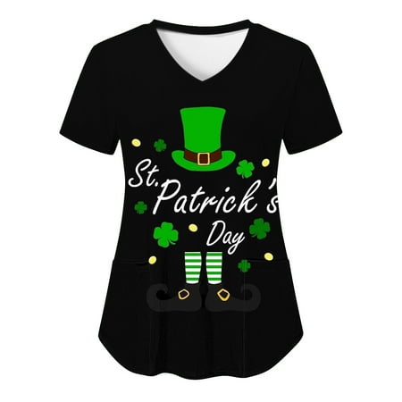 

Irish Clover Womens Saint Patrick Workwear Loose Fit Casual Fall Scrub Tops Women Irish Clover Short Sleeve Scrubs Black10 XXL