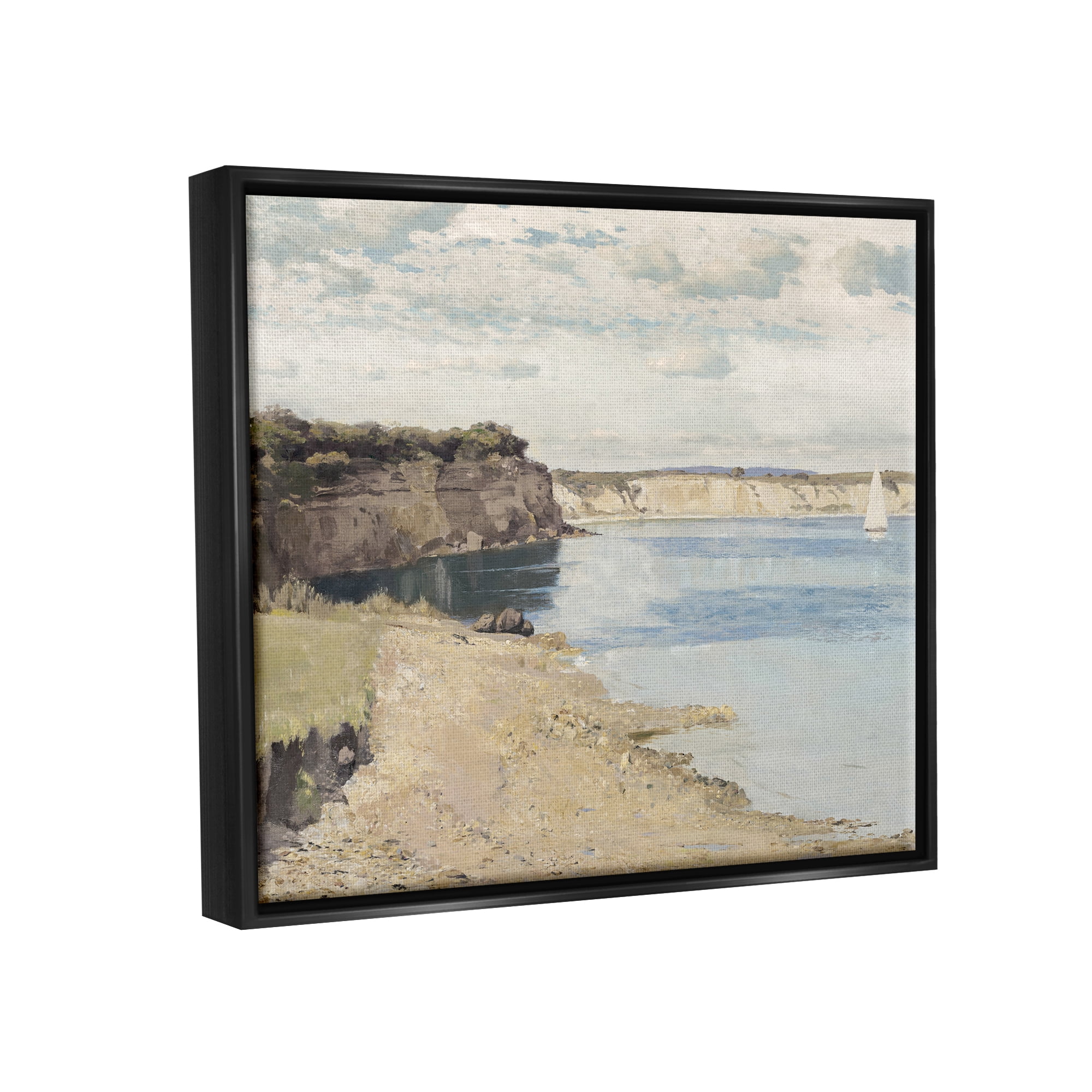 Stupell Industries Still Morning Oceanside Cliffs and a Sailboat Painting Jet Black Framed Floating Canvas Wall Art, 24x30, by Christy McKee