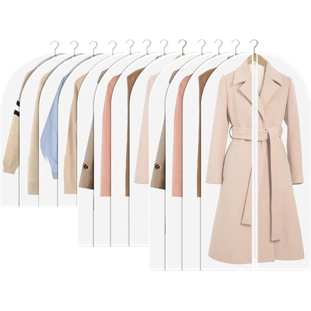12pcs Fundas Ropa Armario, Protectores de Ropa Transparente Anti-Polvo y Transpirable con Cremallera para almacenamiento Vestidos Largos, Trajes, Abrigos, Blusas (Blanco, 60X80