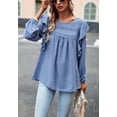 thumbnail image 5 of Solid Round Neck Ruffle Shoulder Crochet Detail Blouse for Women Blue Large, 5 of 5