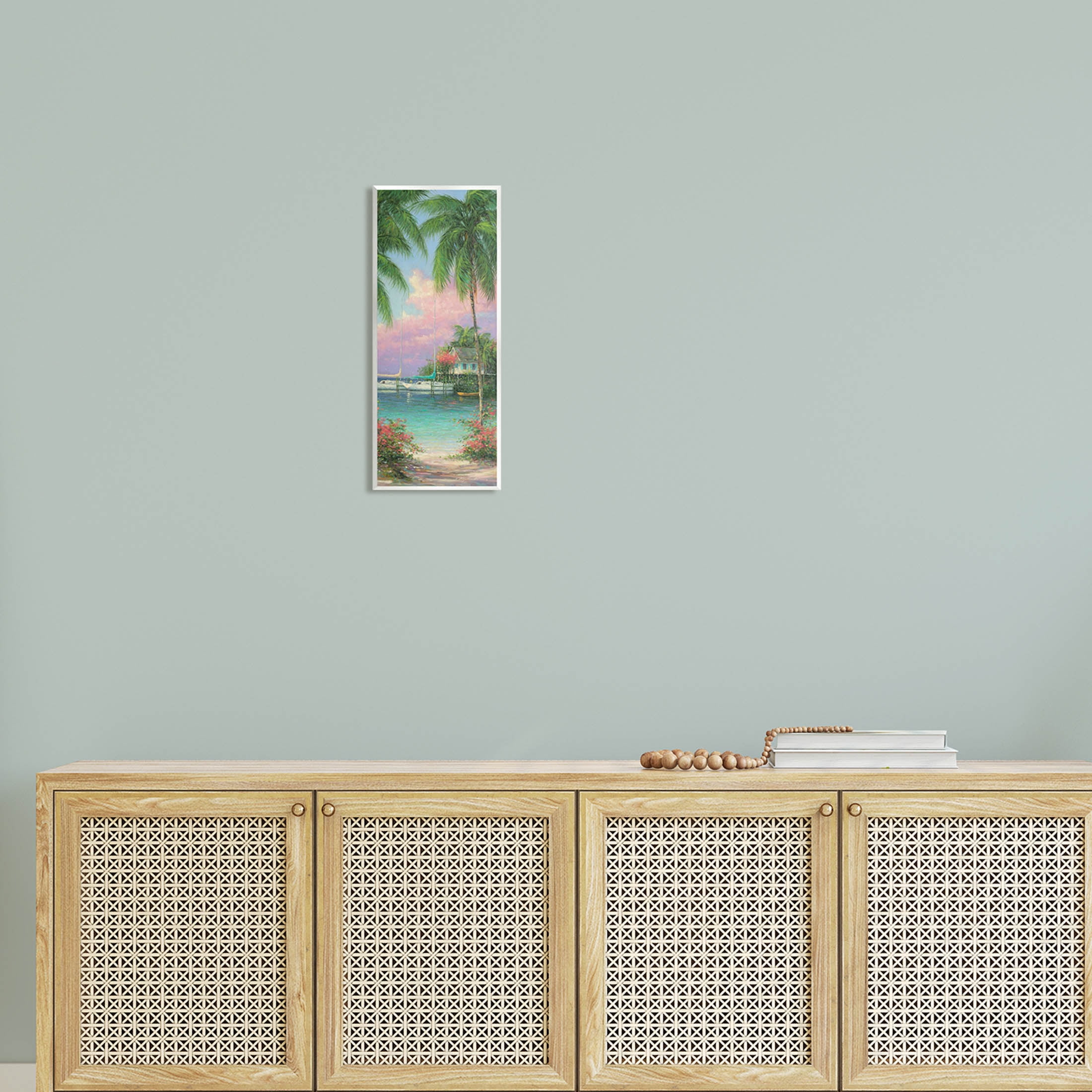 Tropical Beach Palms Docked Boats Coastal Painting Unframed Art Print Wall Art