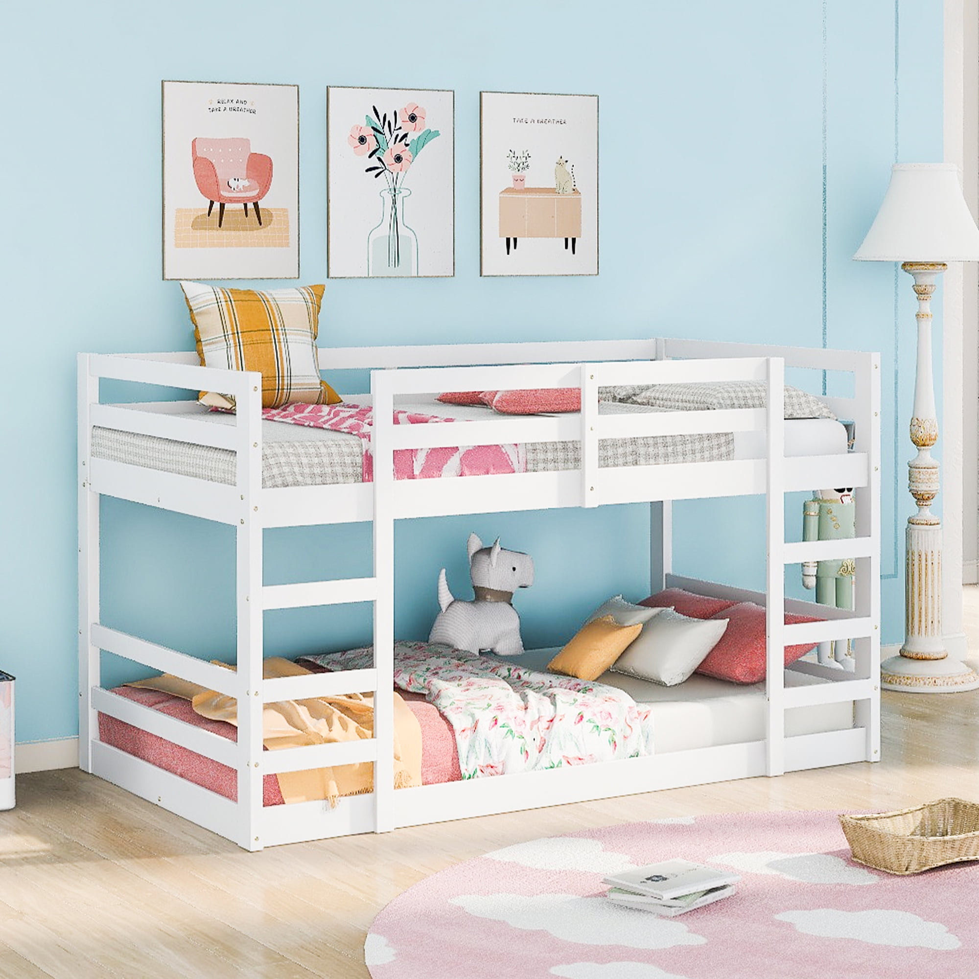Solid Wood Low Bunk Bed for Kids, Twin Over Twin Floor Bunk Bed with