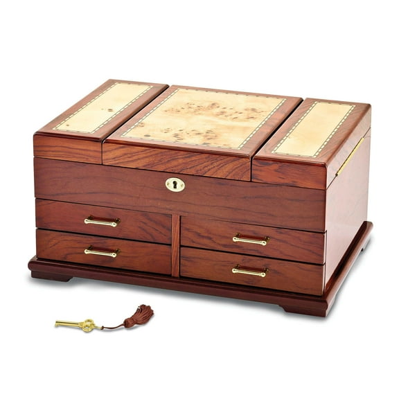 Luxury Giftware High Gloss Bubinga Veneer w/Mapa Burl and Scrolled Inlay Fold-out Top 4-drawer Locking Wooden Jewelry Box Q-JJB367