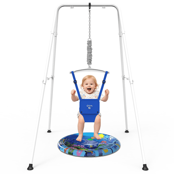 Baby Jumper with Stand, Portable Baby Bouncers and Jumpers with Water Mat, Jumper for Baby Boys/Girls, Blue