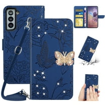 SaniMore Case for Samsung Galaxy S23 Plus 6.6" 2023, [Crossbody/Wrist Lanyard] PU Leather Embossed Butterfly [Diamond Clasp] Card Slots Kickstand Shockproof Glitter Wallet Shell, Darkblue
