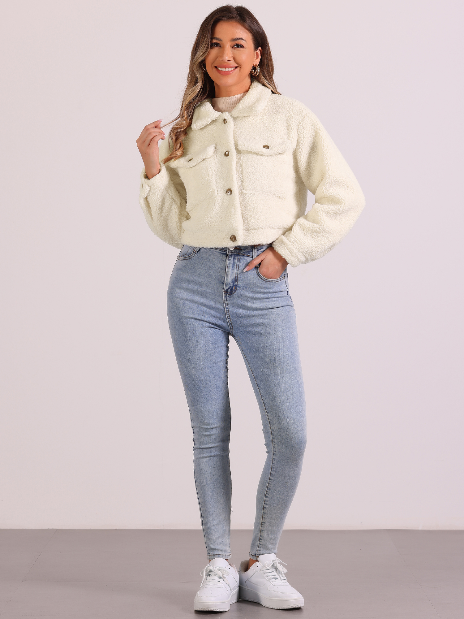 DARING DIVA Women's Fuzzy Fleece Jacket Faux Fur Button Winter Outerwear Short Coat S Beige