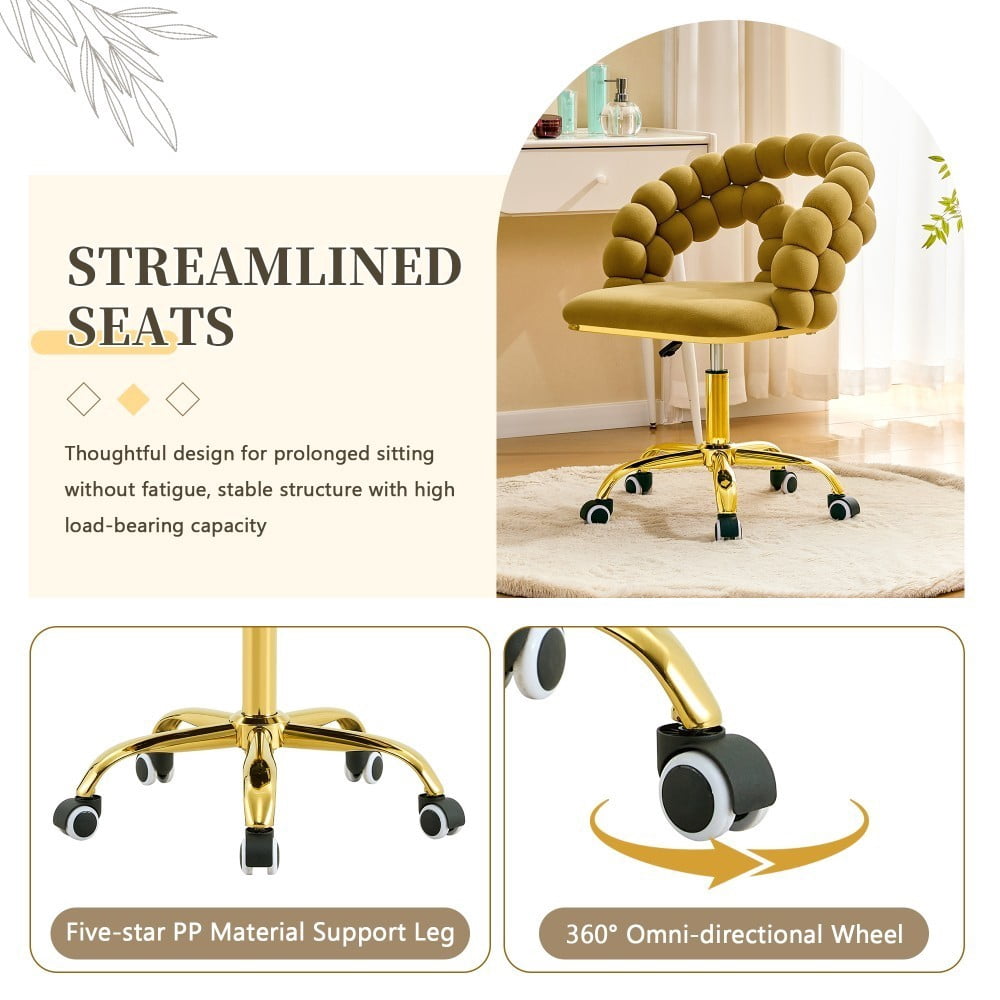 Velvet Office Chair, Adjustable Swivel Desk Chair with Bubble Back, Gold Metal Base, Rolling Vanity Chair for Home Office, Bedroom & Makeup Room, Yellow
