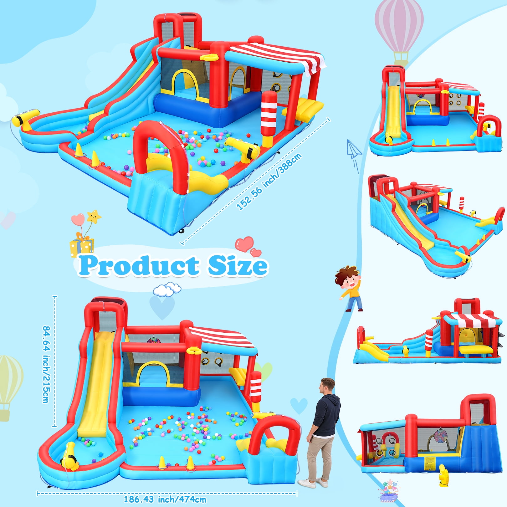 Veeboto Inflatable Water Slide with Dual Slides, Bounce House with Climbing Wall, Dual Ball Pools, Water Guns, Basketball Hoop and Punching Game, Indoor/Outdoor Kids Inflatable Castle with Blower