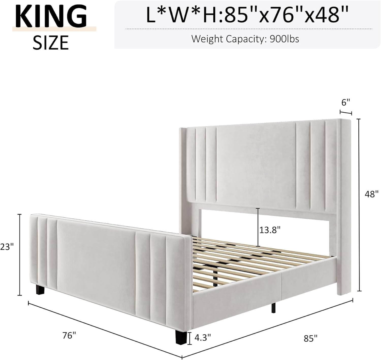 VanAcc Velvet Upholstered King Size Bed Frame with Headboard & Footboard/Wingback for Adult White