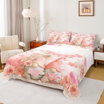 Homewish Romantic Valentine's Day Twin Sheet Sets, Kawaii Couple Gnome Twin Fitted Sheet, Pink Rose Flower Flat Sheet, Breathable Home Decor, 3-Piece