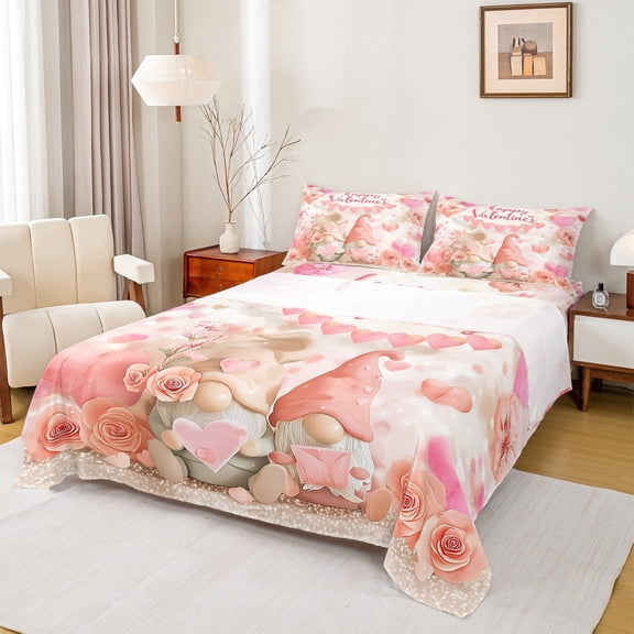 Homewish Romantic Valentine's Day Twin Sheet Sets, Kawaii Couple Gnome Twin Fitted Sheet, Pink Rose Flower Flat Sheet, Breathable Home Decor, 3-Piece