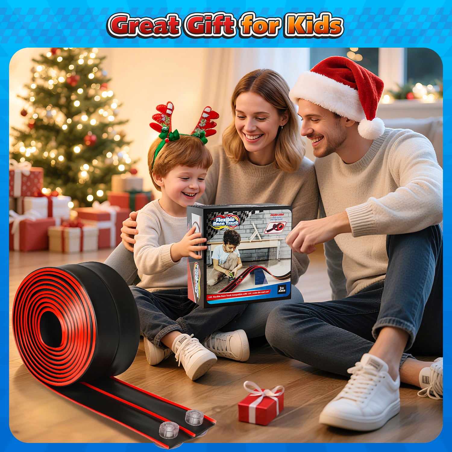 Beefunni 15FT Flexible Race Track for Kids, Bendable Track with Suction Cups, Portable & Foldable Indoor/Outdoor Toy, Compatible with Most 1:64 Toy Cars, Creative Gift for Boys & Girls (Red-Black)