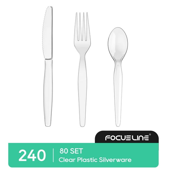FOCUSLINE 240 Count Clear Plastic Silverware, 80 Forks, Knives and Spoons Each, BPA-Free, Heavy Duty Disposable Cutlery Set, Premium Disposable Flatware Plastic Utensils for Party Everyday Use