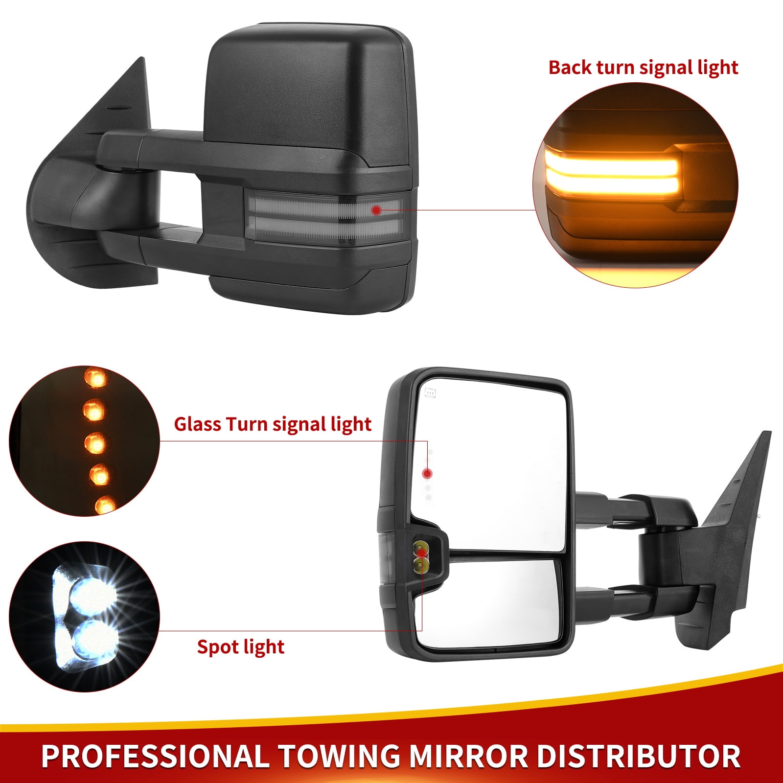 LEDKINGDOMUS Power Heated Towing Mirrors for 2007-2014 Silverado/Sierra 1500/2500HD/3500HD, Suburban, Avalanche, Switchback Turn Signal, Manual Telescoping & Folding, Plug & Play (Black)