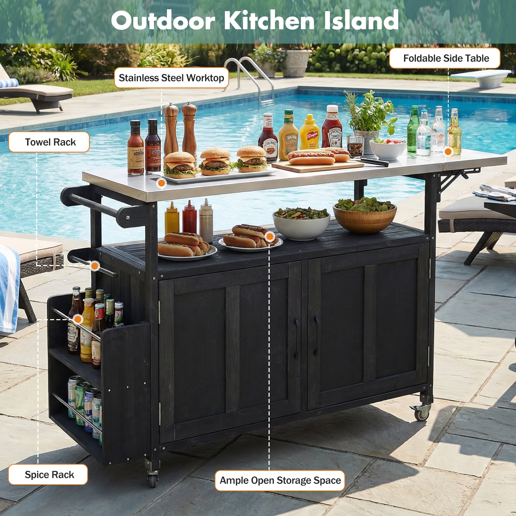 Mobile Cooking Island, Foldable Outdoor Patio Kitchen Cart, Black