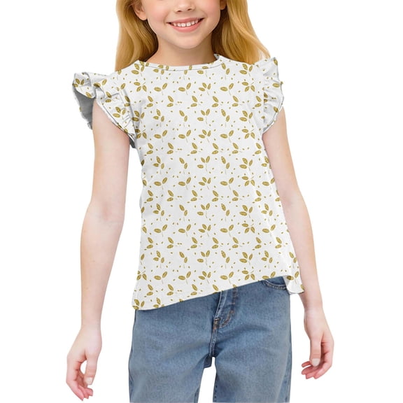 YTCAMLO Cute Girls Summer Shirts Fashion Printed Crew Neck Chiffon Blouses Flutter Tops Ruffle Sleeve Lightweight Flowy Casual Tees, Yellow1 4-5 Years