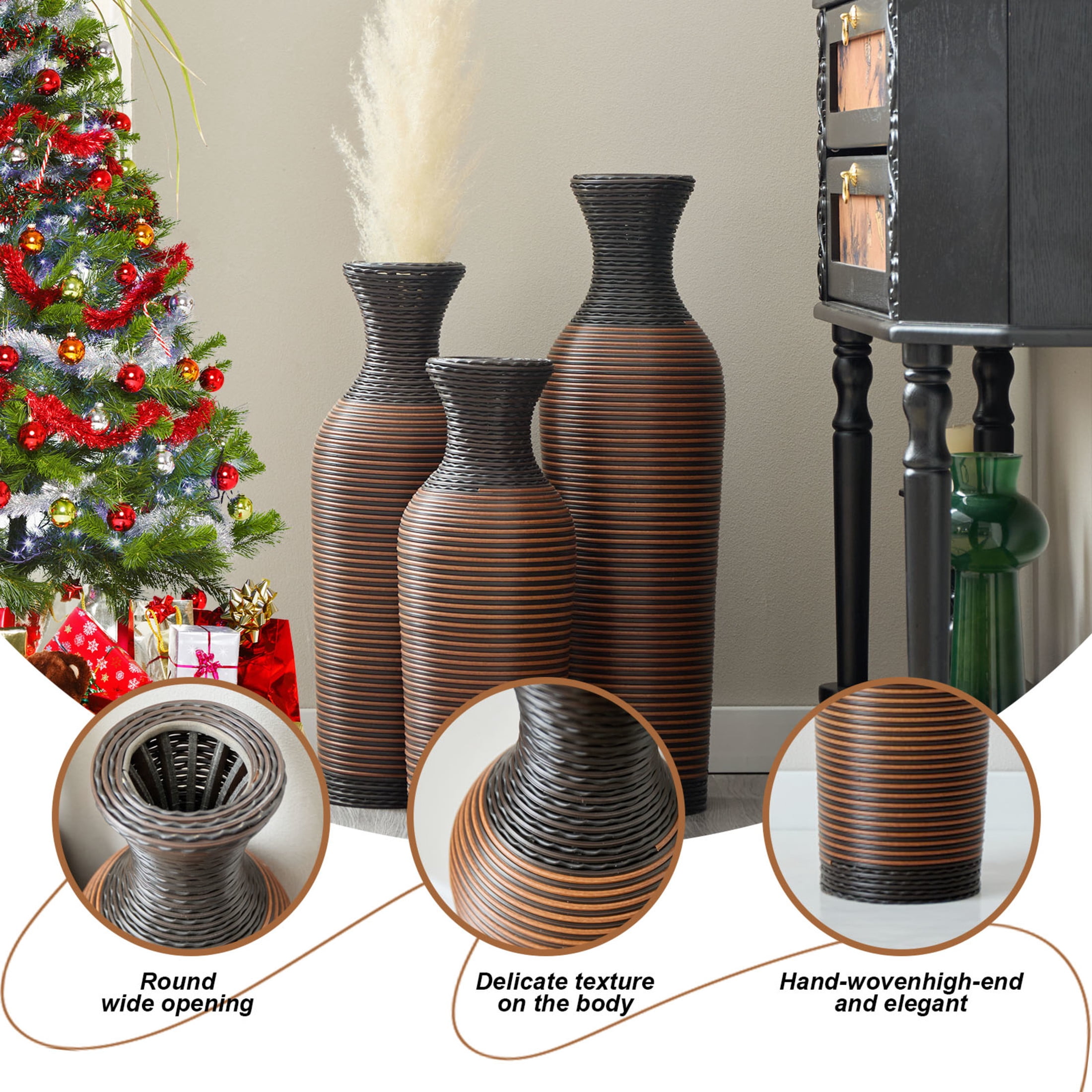 Noble House 19.69", 23.62", 27.56" PVC Floor Vase Set of 3, Hand-Woven Rattan-Like, Black + Brown