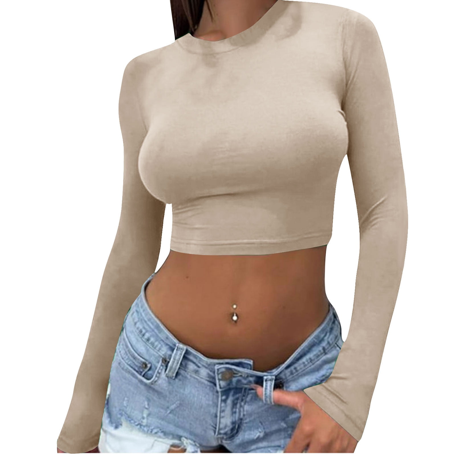 hotojiny Summer Tops for Women 2025 Fashion Slim Crew Neck Long