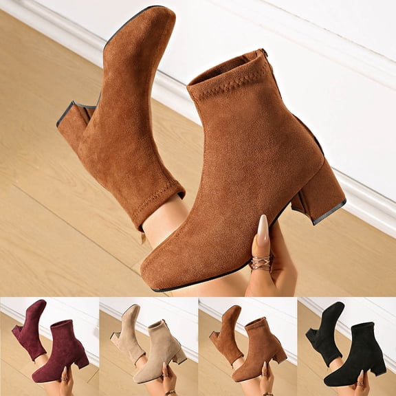 FRSASU Women's Square Toe Block Heel Ankle Booties, Stretchy Faux Suede Sock Boots with Back Zipper Chunky High Heel Dress Boots Wine