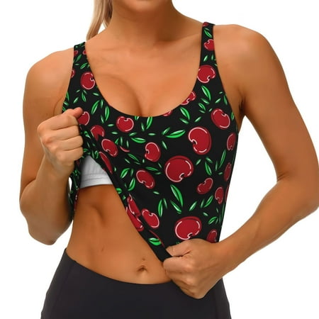 Qokaie Cherry Pattern Womens Scoop Neck Sports Bra Breathable Workout Vest Padded U Back Medium Impact Fitness Gym Yoga Bra Workout Crop Top