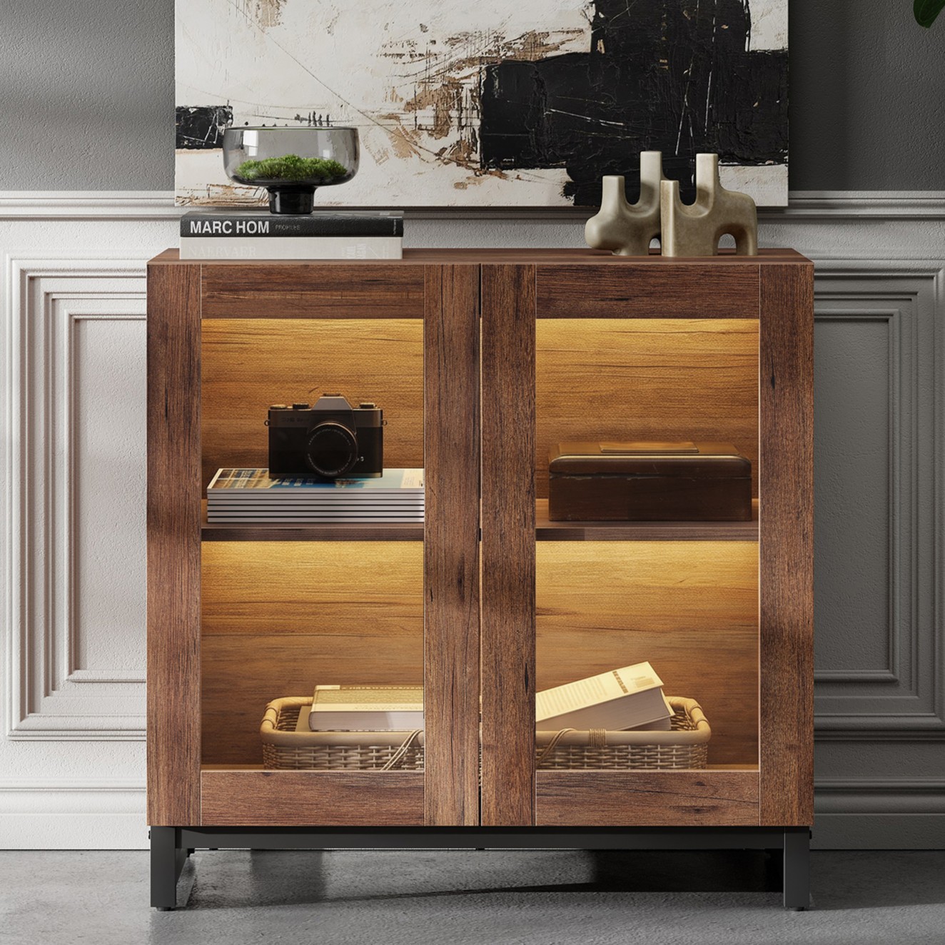 Modern TV Stand with Glass Doors, Entertainment Center TV Console with Adjustable Shelves, Media Storage Furniture for 32-40 Inch TVs, Suitable for Living Room,Brown