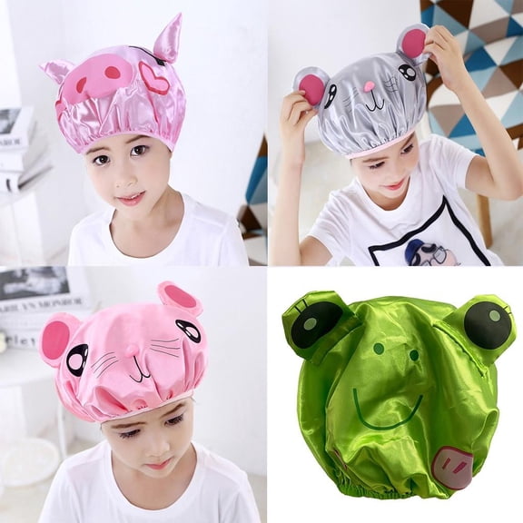 Shower, Toddler Shower Cap, Shower CapforKids, Waterproof, Satin Fabric, 1 Pc, Mouse Character Graphic, Elastic Edge, Covering, Ear Protection, Bathing, Pink Gray
