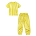 thumbnail image 3 of Alvivi Kids 2 Piece Dance Outfit Shorts Sleeve Shiny Metallic T-shirt with Pant Set Jazz Hip-hop Costume Gold 14-15, 3 of 5